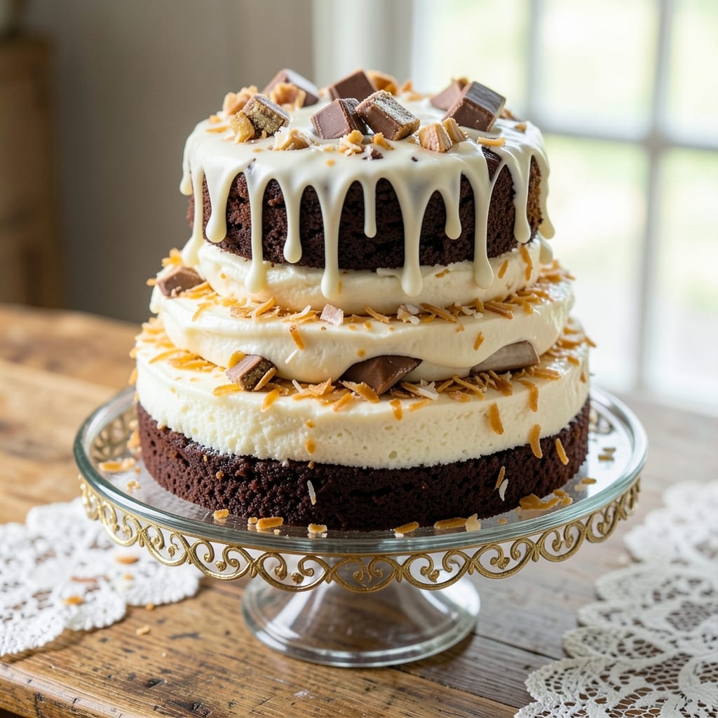 Almond Joy Earthquake Cake Recipe: Boozy Vanilla Swirls and Toasted Coconut Crunch