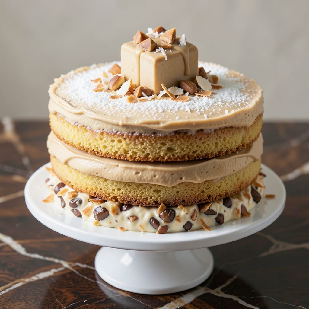 Almond Joy Layer Cake Recipe: Toasted Coconut-Covered Vanilla Swirl Bliss