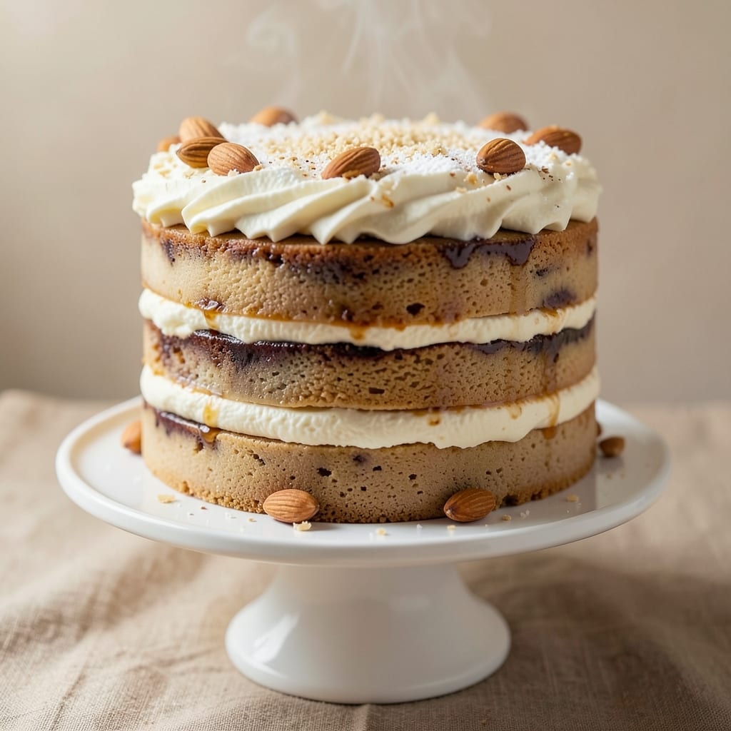 Almond Tiramisu Cake Recipe: Liqueur-Infused Layers With Crispy Almond Crown